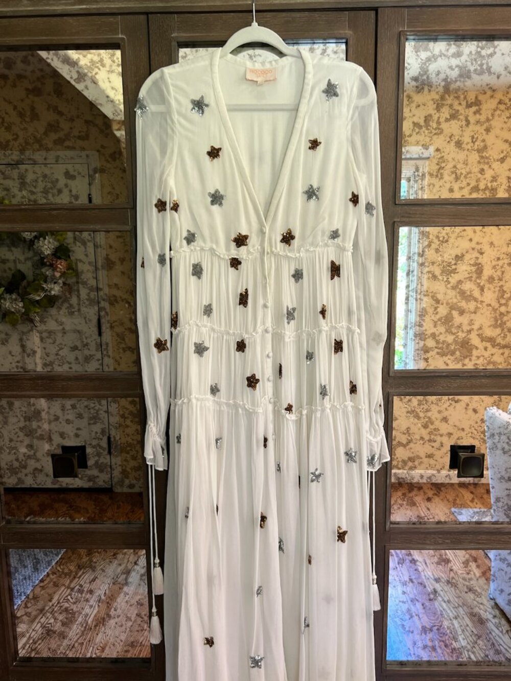 Rococo Sand White Sequin Star Maxi Dress | Tiered Sheer Boho | XS
